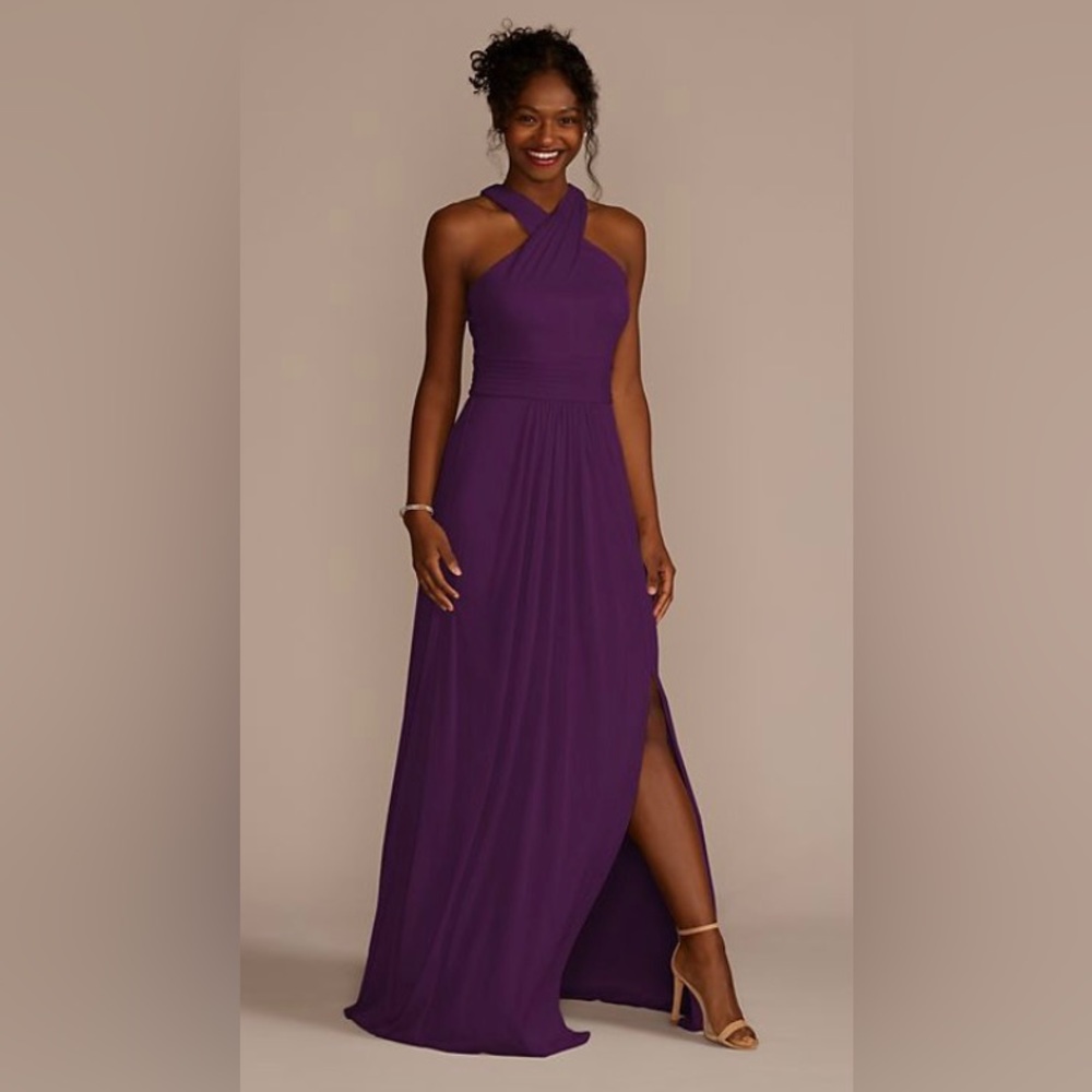 CELEBRATE DB STUDIO Crisscross High-neck Mesh Bridesmaid Dress